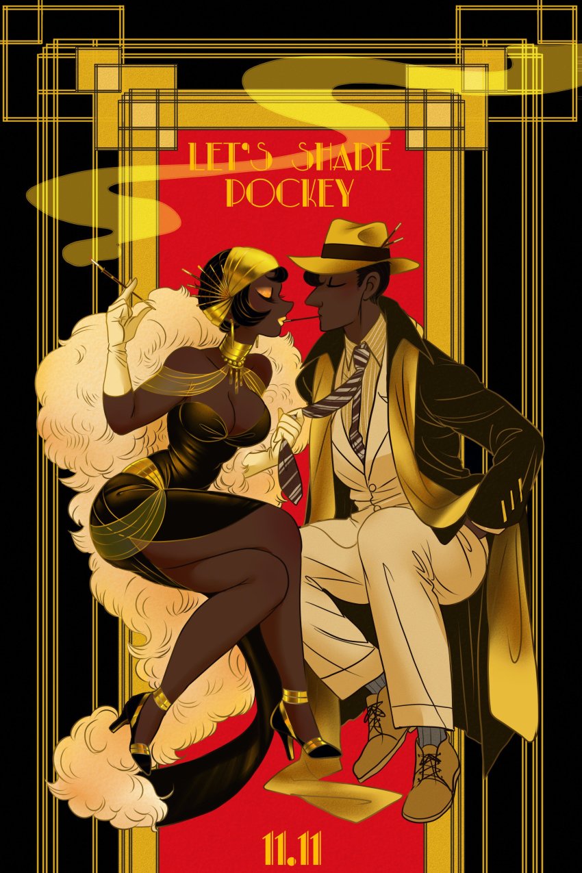 1boy, 1girl, absurdres, bare_shoulders, black_dress, black_hair, black_skin, breasts, brown_footwear, cigarette_holder, cleavage, closed_eyes, clothes_grab, collared_shirt, colored_skin, crossed_legs, curvy, dark-skinned_female, dark-skinned_male, dark_skin, diagonal-striped_clothes, diagonal-striped_necktie, diagonal-striped_neckwear, dress, dress_shirt, elbow_gloves, english_text, eyeshadow, food, full_body, gloves, hat, high_heels, highres, jacket, limited_palette, makeup, medium_breasts, necktie, necktie_grab, neckwear_grab, original, panoramango, pants, pocky, pocky_day, pocky_kiss, profile, shared_food, shirt, shoes, short_hair, sitting, smoke, strapless, strapless_dress, striped_clothes, striped_necktie, striped_neckwear, very_dark_skin, white_jacket, white_pants, yellow_headwear, yellow_shirt