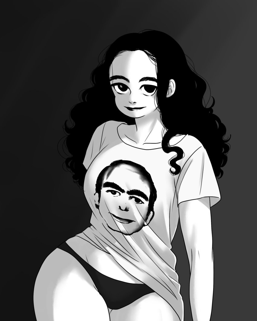 1girl, absurdres, black_background, black_hair, black_panties, character_print, cowboy_shot, curvy