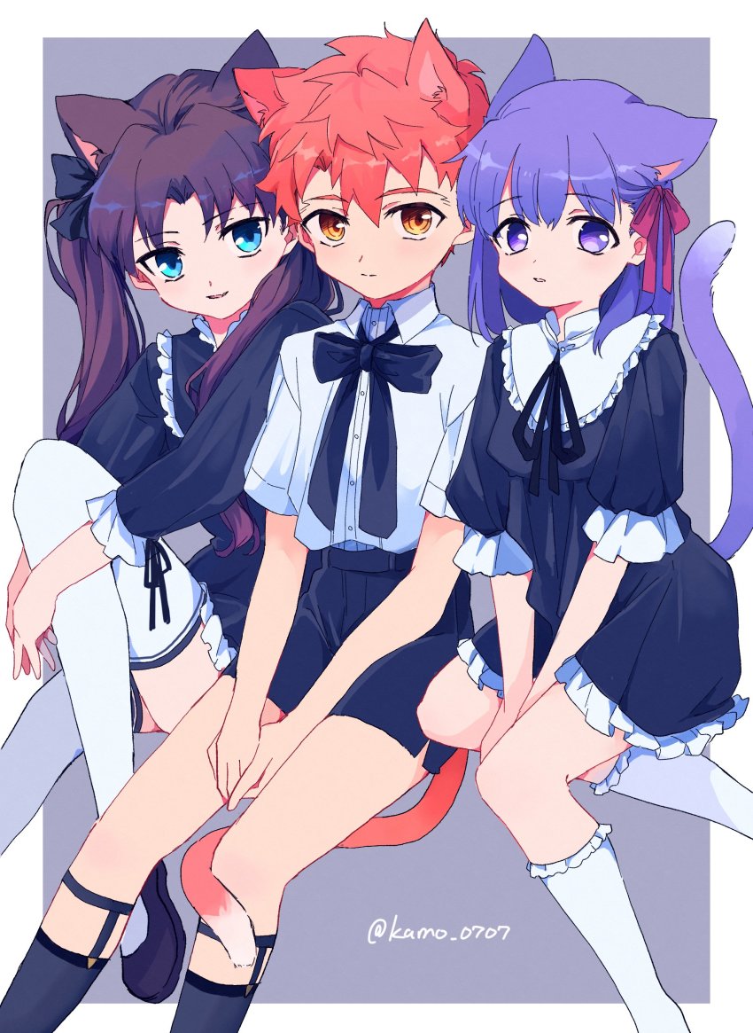 1boy, 2girls, absurdres, aged_down, alternate_costume, animal_ears, black_bow, black_dress