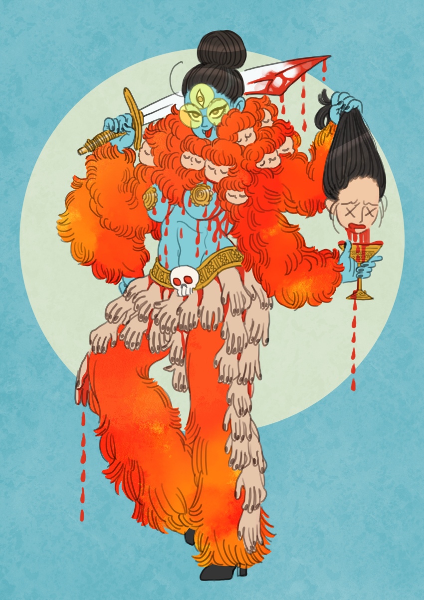 1girl, absurdres, black_footwear, black_hair, blood, blue_skin, breasts, circle