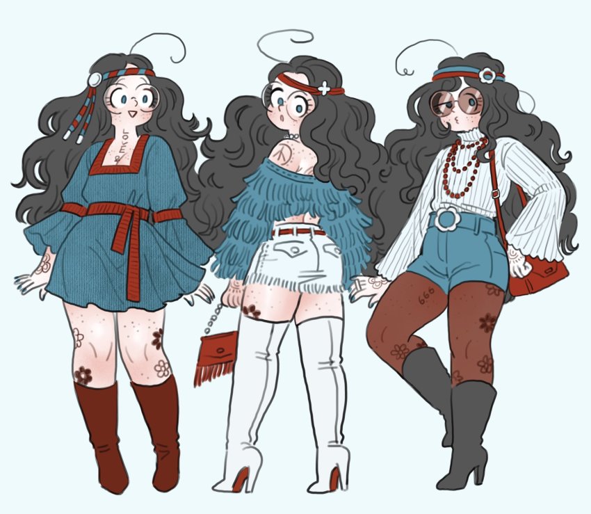 3girls, ahoge, aqua_dress, aqua_eyes, aqua_shirt, aqua_shorts, ass, bag