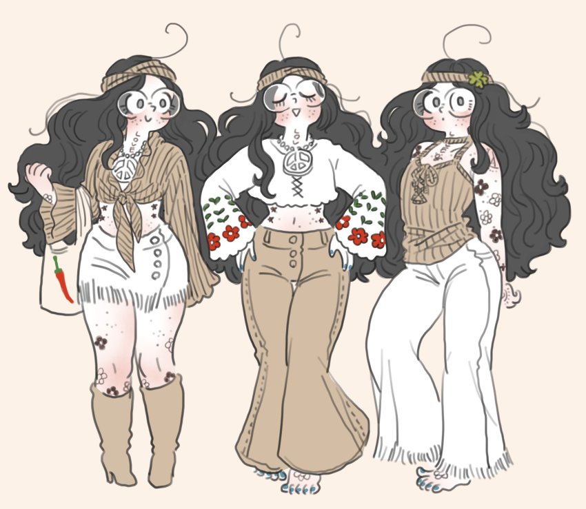 3girls, ahoge, aqua_nails, bag, barefoot, bell-bottoms, black_hair, boots