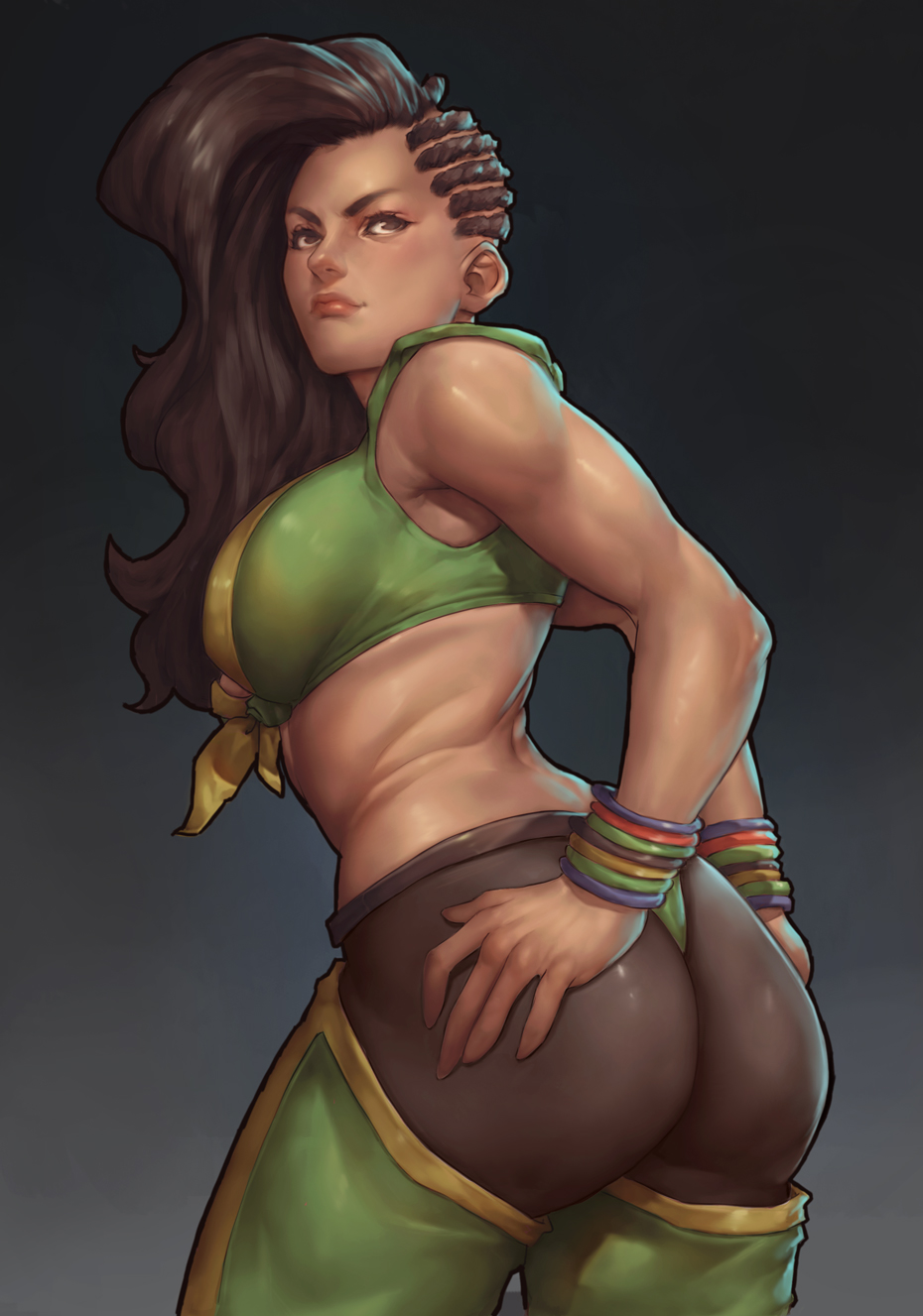 1girl, ass, asymmetrical_hair, back, black_hair, black_pantyhose, breasts, brown_eyes, chaps, cornrows, cowboy_shot, dark-skinned_female, dark_skin, forehead, from_behind, front-tie_top, green_panties, hands_on_own_ass, highres, large_breasts, laura_matsuda, lips, long_hair, mick_cortes, midriff, muscular, muscular_female, nose, panties, panties_over_pantyhose, pantyhose, solo, standing, street_fighter, street_fighter_v, turning_head, underwear, very_dark_skin, wavy_hair