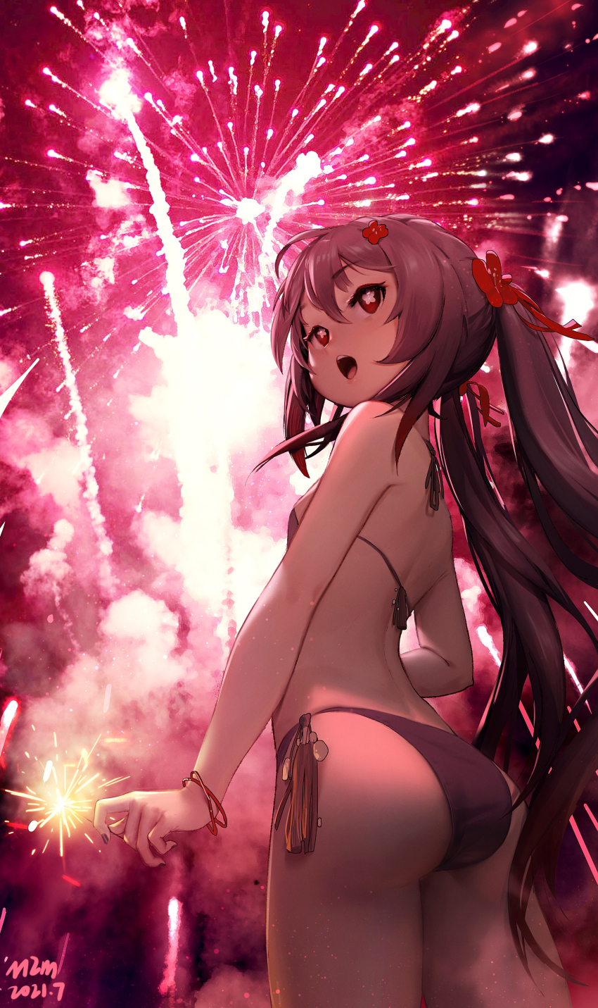 1girl, :o, absurdres, aerial_fireworks, ass, back, bare_arms, bikini, black_nails, breasts, brown_hair, commentary, cowboy_shot, dated, fireworks, flower-shaped_pupils, from_behind, genshin_impact, hair_between_eyes, halterneck, highres, holding, holding_fireworks, holding_sparkler, hu_tao_(genshin_impact), long_hair, looking_away, looking_back, nail_polish, open_mouth, outdoors, purple_bikini, red_eyes, side-tie_bikini_bottom, signature, small_breasts, solo, sparkler, standing, starsd, string_bikini, swimsuit, symbol-shaped_pupils, twintails, very_long_hair, wristband