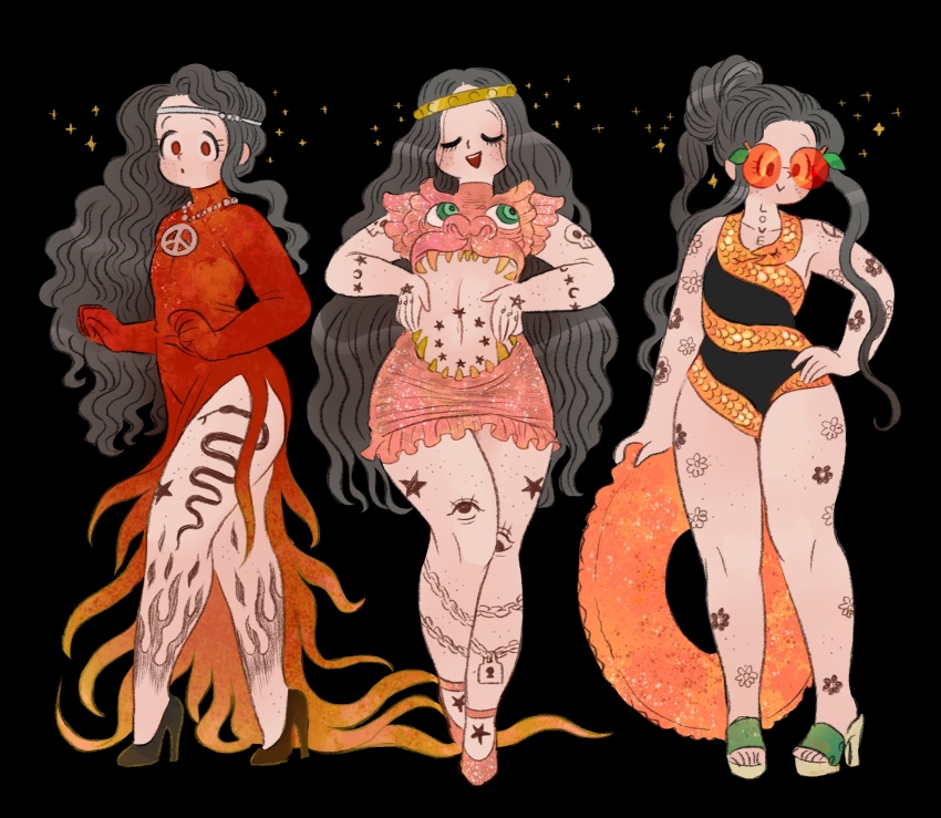 3girls, black_background, black_footwear, black_hair, breasts, dress, green_footwear, hand_on_own_hip