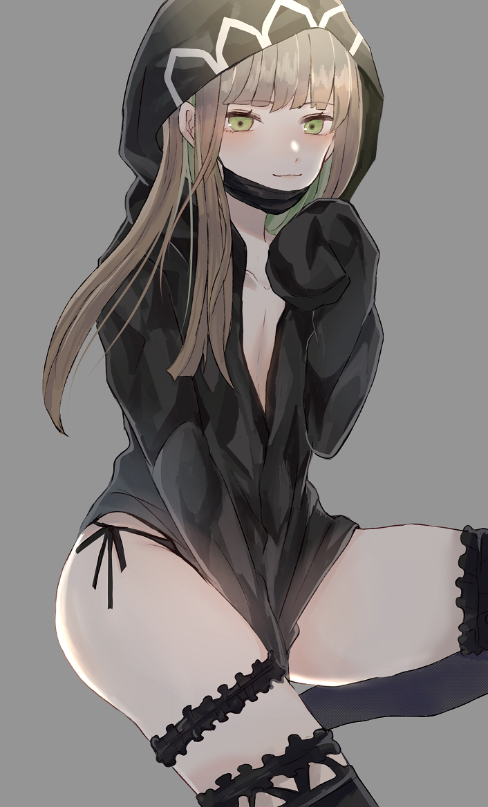 1boy, akitama2727, black_hoodie, black_panties, brown_hair, closed_mouth, crossdressing, crossdressing_(mtf), green_eyes, gretel_(sinoalice), grey_background, hair_between_eyes, hair_ornament, hood, hoodie, long_hair, long_sleeves, looking_at_viewer, mask, mouth_mask, open_clothes, panties, reality_arc_(sinoalice), simple_background, sinoalice, smile, thighhighs, trap, underwear