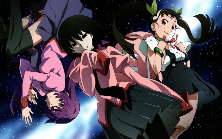 3girls, :3, backpack, bag, black_eyes, black_hair, black_legwear, black_neckwear