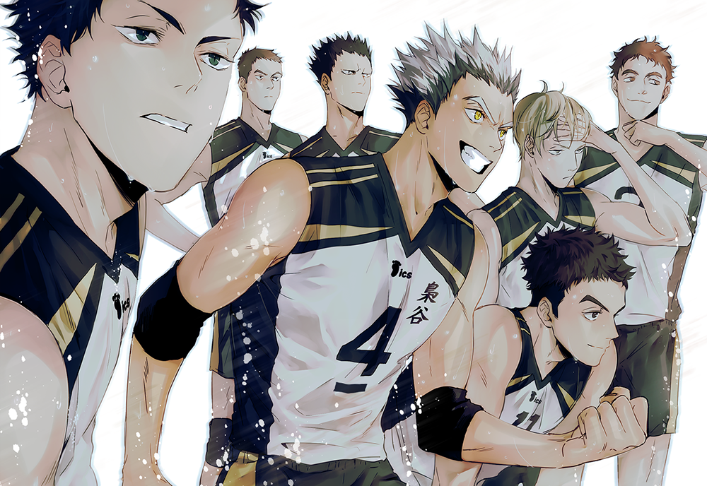 6+boys, adapted_costume, akaashi_keiji, bare_shoulders, black_hair, blonde_hair, bokuto_koutarou, brown_hair