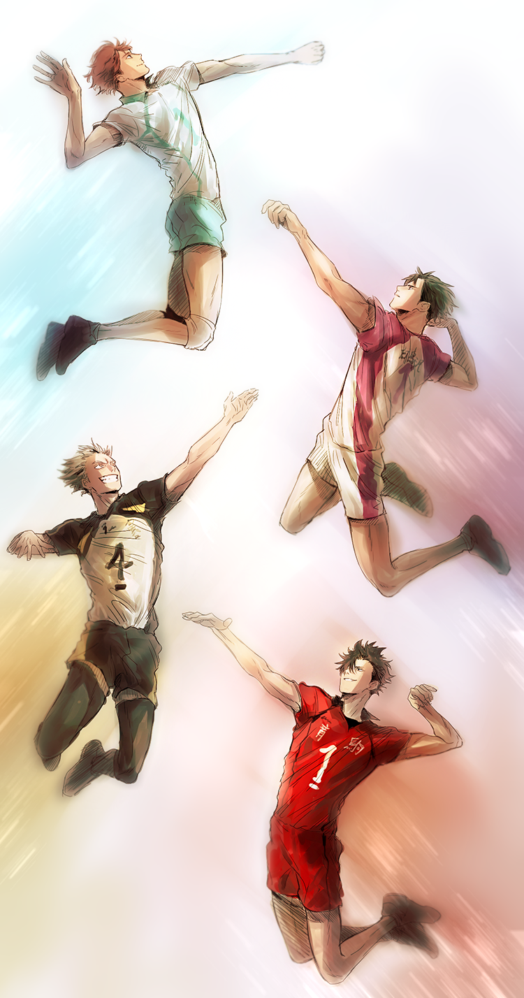 4boys, black_footwear, black_hair, black_legwear, bokuto_koutarou, brown_hair, grey_hair, grin