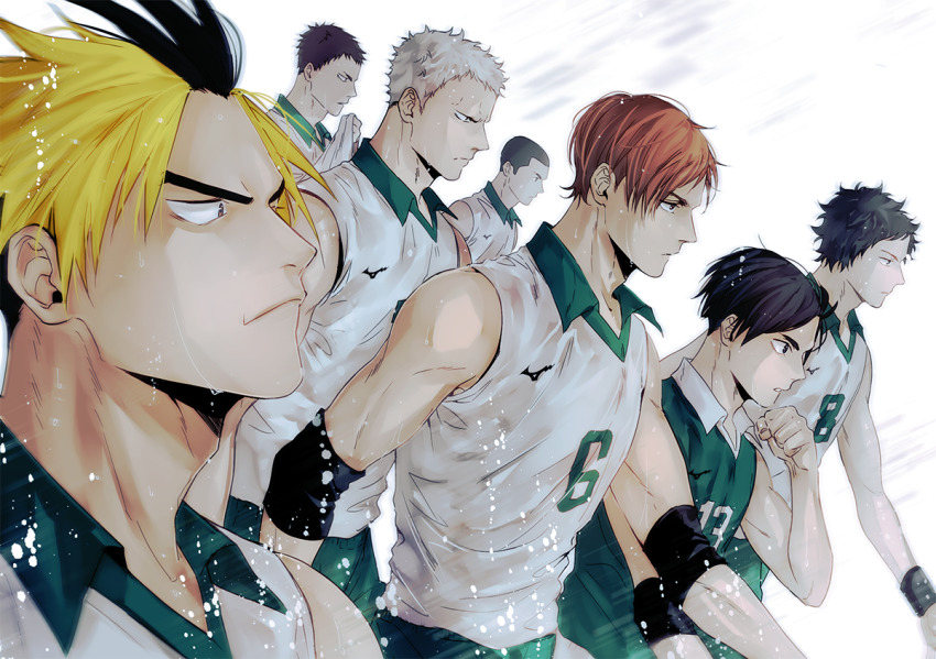 6+boys, adapted_costume, aone_takanobu, bare_shoulders, black_hair, blonde_hair, brown_hair, closed_mouth