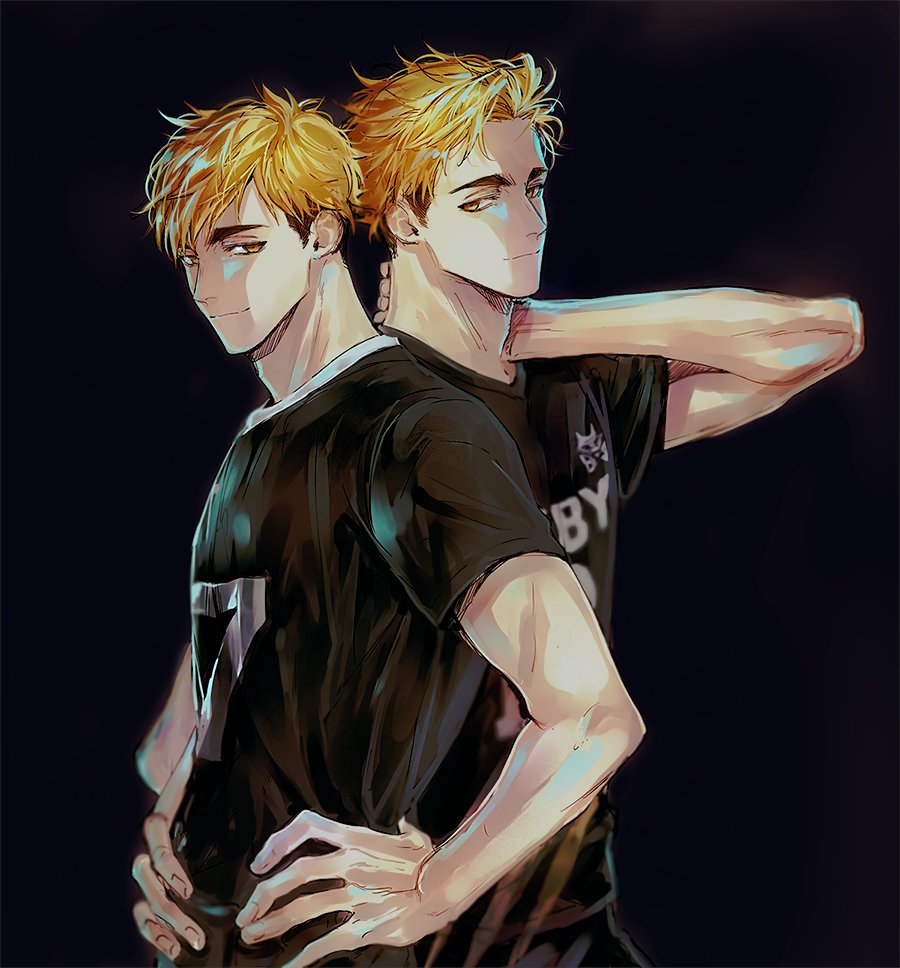 2boys, aged_up, black_background, blonde_hair, brown_eyes, closed_mouth, dual_persona, eyebrows