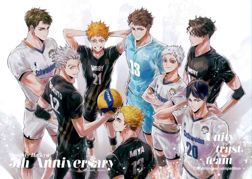 6+boys, arms_behind_head, ball, black_hair, blonde_hair, bokuto_koutarou, brown_hair, closed_mouth, crossed_arms, elbow_pads, from_above, grey_hair, grin, haikyuu!!, hands_on_own_hips, hinata_shouyou, holding, holding_ball, hoshiumi_kourai, jersey, kageyama_tobio, knee_pads, looking_at_viewer, male_focus, miya_atsumu, multicolored_hair, multiple_boys, oikawa_tooru_(haikyuu!!), orange_hair, sakusa_kiyoomi, short_hair, shorts, smile, sportswear, teeth, toned, toned_male, two-tone_hair, ummm_mmma, ushijima_wakatoshi, volleyball, volleyball_(object), volleyball_uniform, white_hair