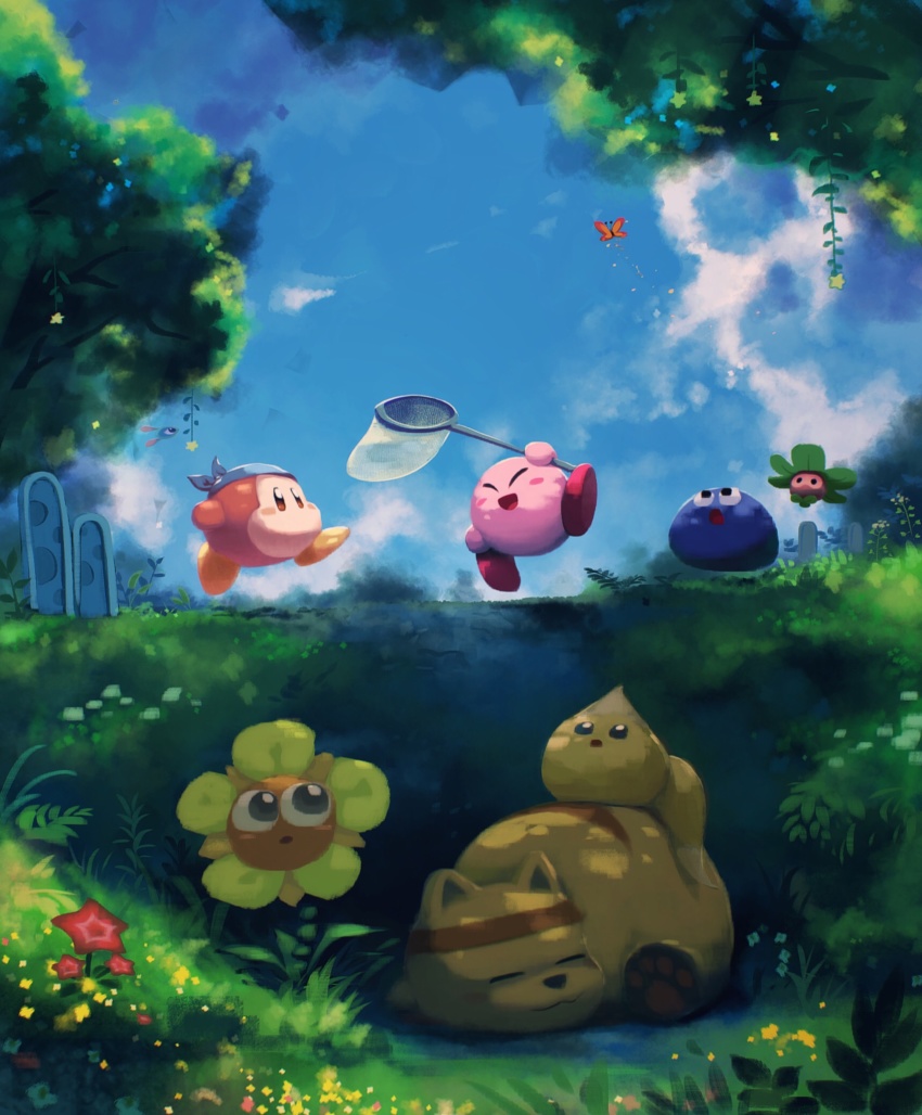bandana_waddle_dee, blue_sky, blush_stickers, bug, butterfly, butterfly_net, cerulean_(kirby), chip_(kirby), flower, gooey_(kirby), grizzo, hand_net, highres, insect, kirby, kirby_(series), leafan, looking_up, lovely_(kirby), nintendo, running, shade, sky, smile, suyasuyabi, tree