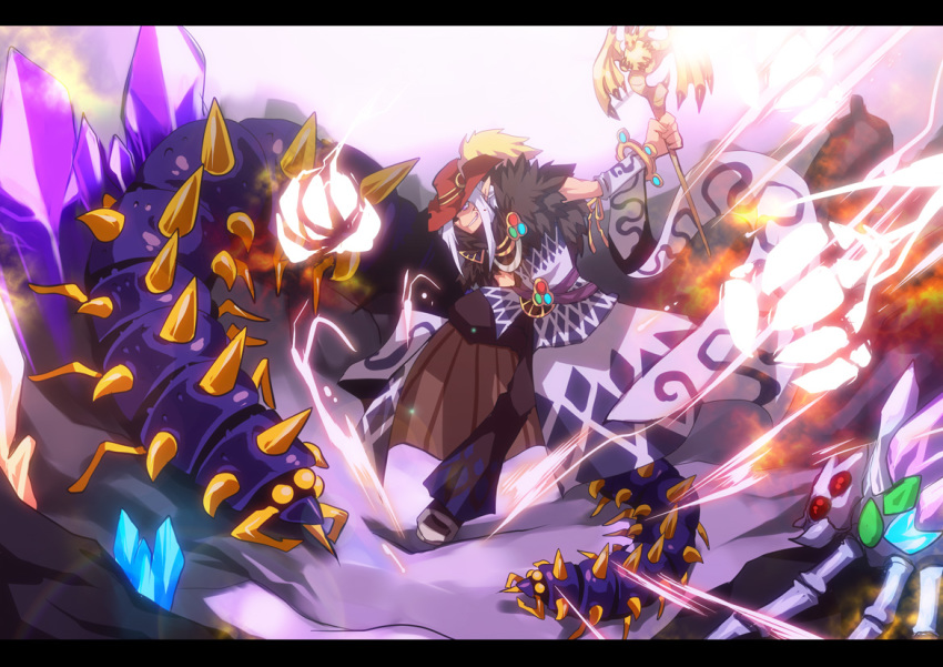 1boy, argyle_clothes, argyle_pants, argyle_shirt, bangle, bracelet, brown_footwear, brown_pants, bug, cavalier_hat, centipede, centipede_(ragnarok_online), clenched_teeth, commentary_request, detached_sleeves, dolomedes, emon-yu, fighting, full_body, fur_collar, hat, holding, holding_staff, jewelry, letterboxed, long_hair, magic, monster, pants, plume, pointy_ears, ragnarok_online, red_headwear, shirt, shoes, sidelocks, snow, sorcerer_(ragnarok_online), spider, staff, teeth, white_hair, white_shirt, white_sleeves