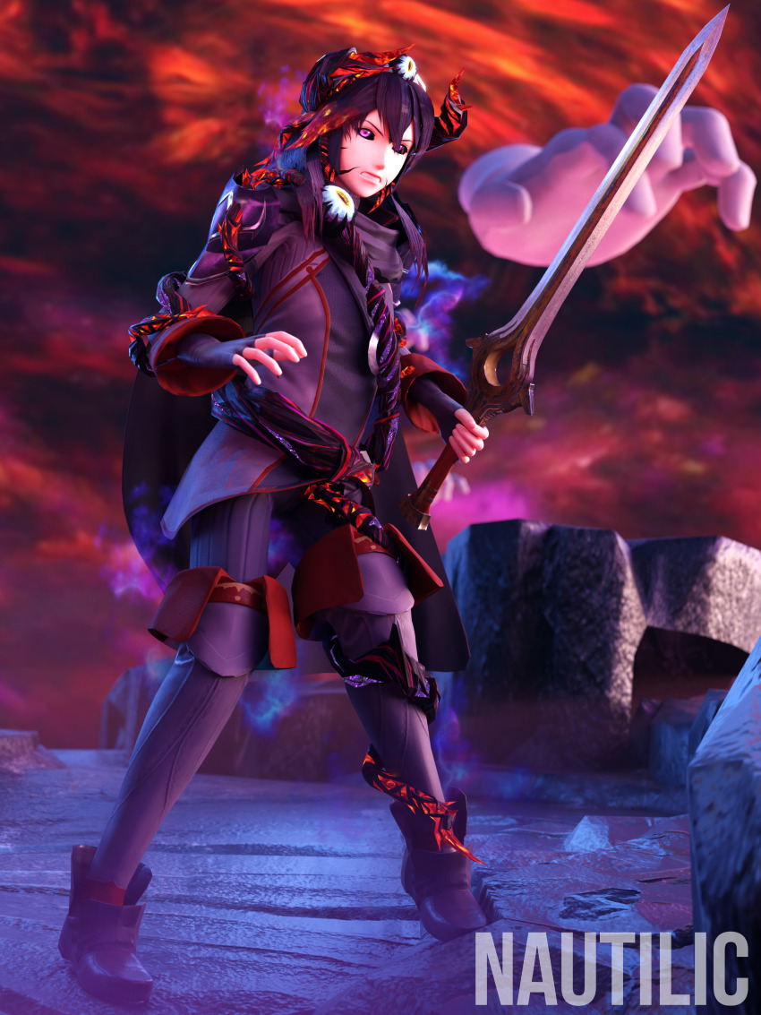 1girl, absurdres, alternate_color, alternate_eye_color, alternate_hair_color, angry, artist_name, aura, black_sclera, blue_eyes, body_markings, cape, colored_sclera, corruption, crazy_hand, dark_aura, dark_persona, dharkon, falchion_(fire_emblem), falchion_(weapon), fire_emblem, fire_emblem_awakening, frown, hal_laboratory, highres, holding, holding_sword, holding_weapon, horns, huge_filesize, intelligent_systems, lucina_(fire_emblem), multicolored_hair, nautilic, nintendo, parasite, possessed, possession, purple_eyes, purple_hair, red_clouds, red_hair, slit_pupils, standing, super_smash_bros., sword, tentacles, tiara, transformation, weapon