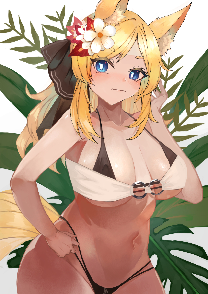 1girl, absurdres, animal_ear_fluff, animal_ears, arknights, bandeau, bare_arms, bare_shoulders, bikini, black_bikini, black_ribbon, blonde_hair, blue_eyes, blush, breasts, commentary_request, flower, grey_background, hair_flower, hair_ornament, hair_ribbon, hand_up, haru_torimaru, highres, large_breasts, long_hair, looking_at_viewer, navel, partial_commentary, ribbon, solo, stomach, swimsuit, tail, upper_body, whislash_(arknights), white_bikini, white_flower