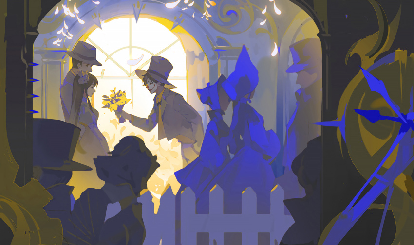 benson_moretti, black_headwear, black_jacket, bouquet, bow, bowtie, brother_and_sister, brothers