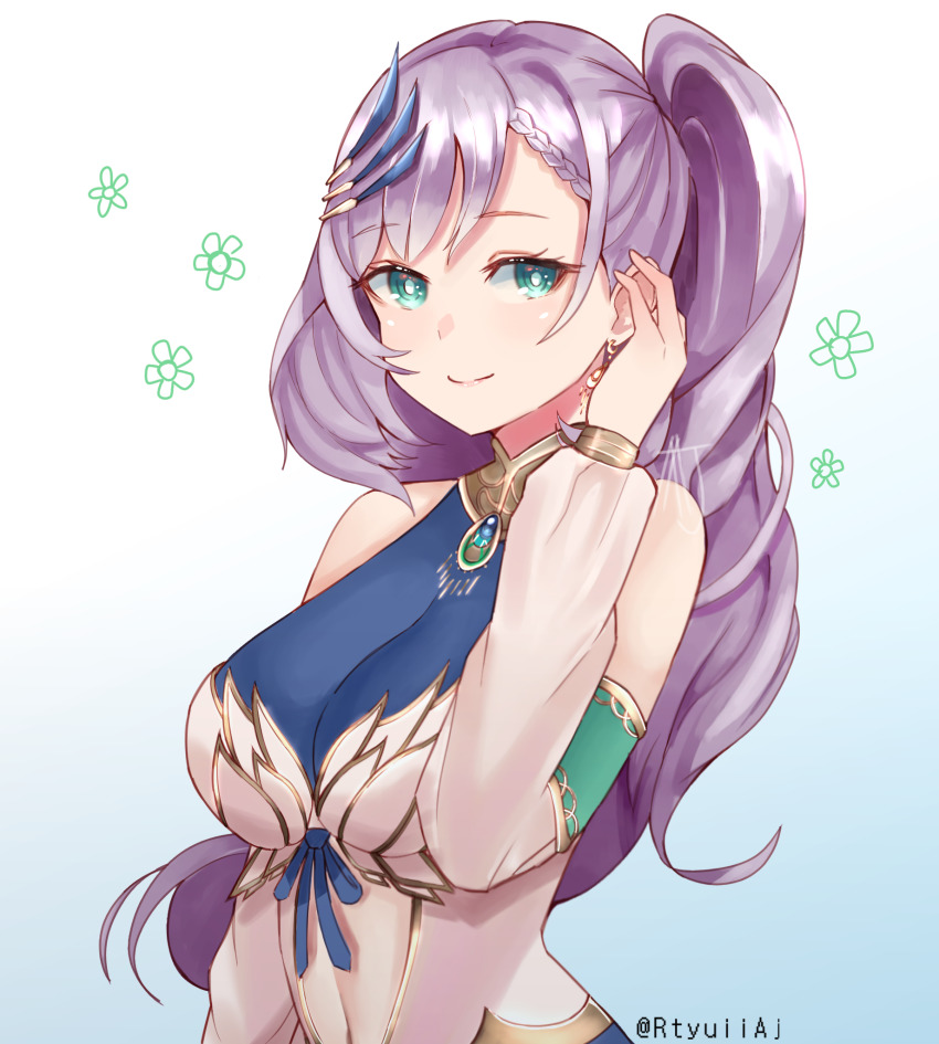 1girl, artist_name, bare_shoulders, braid, braided_bangs, breasts, cleavage, closed_mouth