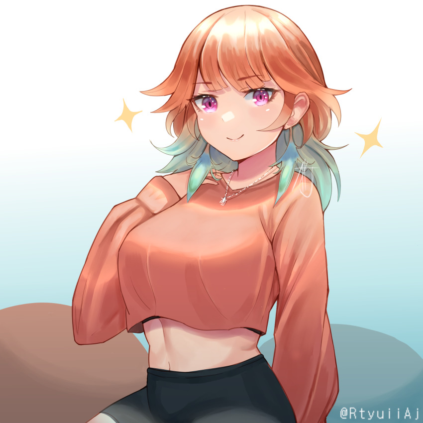 1girl, alternate_costume, arm_behind_back, artist_name, black_shorts, breasts, closed_mouth, cropped_sweater, feathered_wings, gradient_hair, green_hair, hand_up, highres, hololive, hololive_english, jewelry, light_blush, lips, long_sleeves, looking_at_viewer, medium_breasts, medium_hair, multicolored_hair, necklace, orange_hair, orange_sweater, pink_eyes, rtyuii7, shorts, signature, sitting, smile, solo, sparkle, sweater, takanashi_kiara, two-tone_hair, upper_body, virtual_youtuber, wings