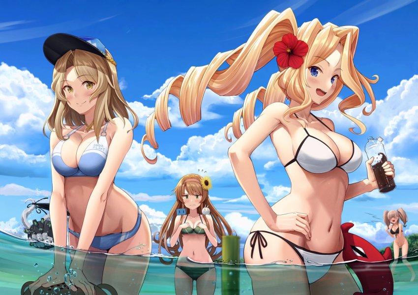 >_<, 4girls, abyssal_ship, atlanta_(kancolle), bare_arms, bare_shoulders, bikini, bikini_top_only