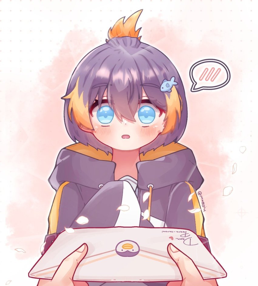 1girl, black_hoodie, blue_eyes, brown_hair, confession, fish_hair_ornament, hair_ornament, hood