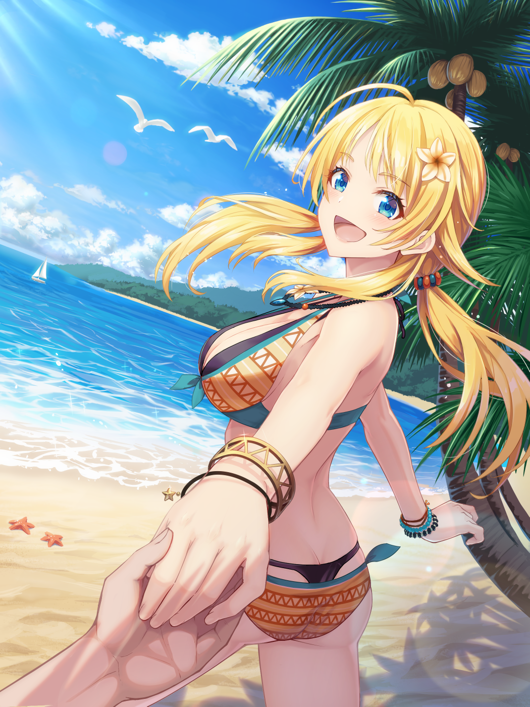 1girl, :d, ahoge, ass, beach, bead_bracelet, beads, bikini
