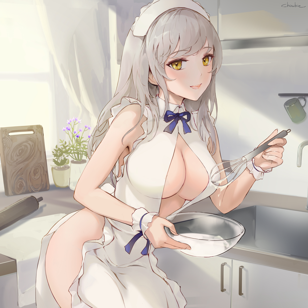 1girl, apron, artist_name, baking, bow, bowtie, breasts, chowbie