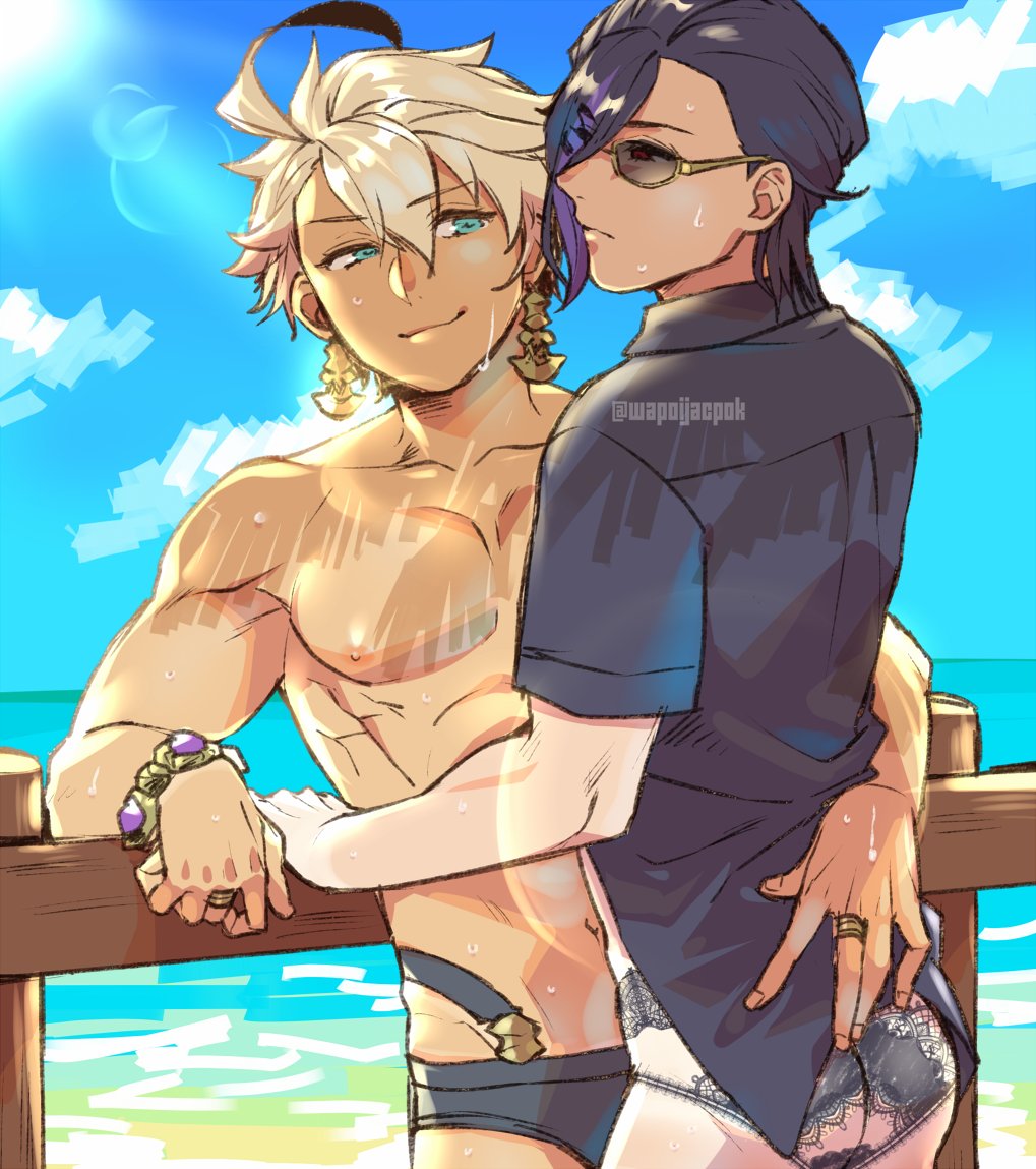 2boys, ahoge, aladdin_(sinoalice), ass_grab, bad_id, bad_twitter_id, beach, bikini, black_hair, black_male_swimwear, black_swim_briefs, blonde_hair, blue_eyes, bracelet, closed_mouth, cloud, earrings, fringe_trim, gold, hameln_(sinoalice), hug, jewelry, looking_at_another, male_focus, male_swimwear, multiple_boys, ocean, purple_hair, short_hair, sinoalice, sketch, skky3, sunglasses, suspenders, sweat, swim_briefs, swimsuit, tan, thong_bikini, wet, yaoi