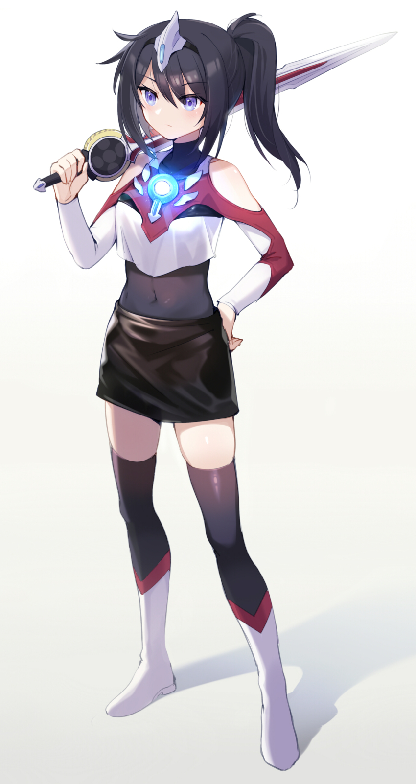 1girl, absurdres, bare_shoulders, black_bodysuit, black_hair, black_skirt, black_thighhighs, blue_eyes