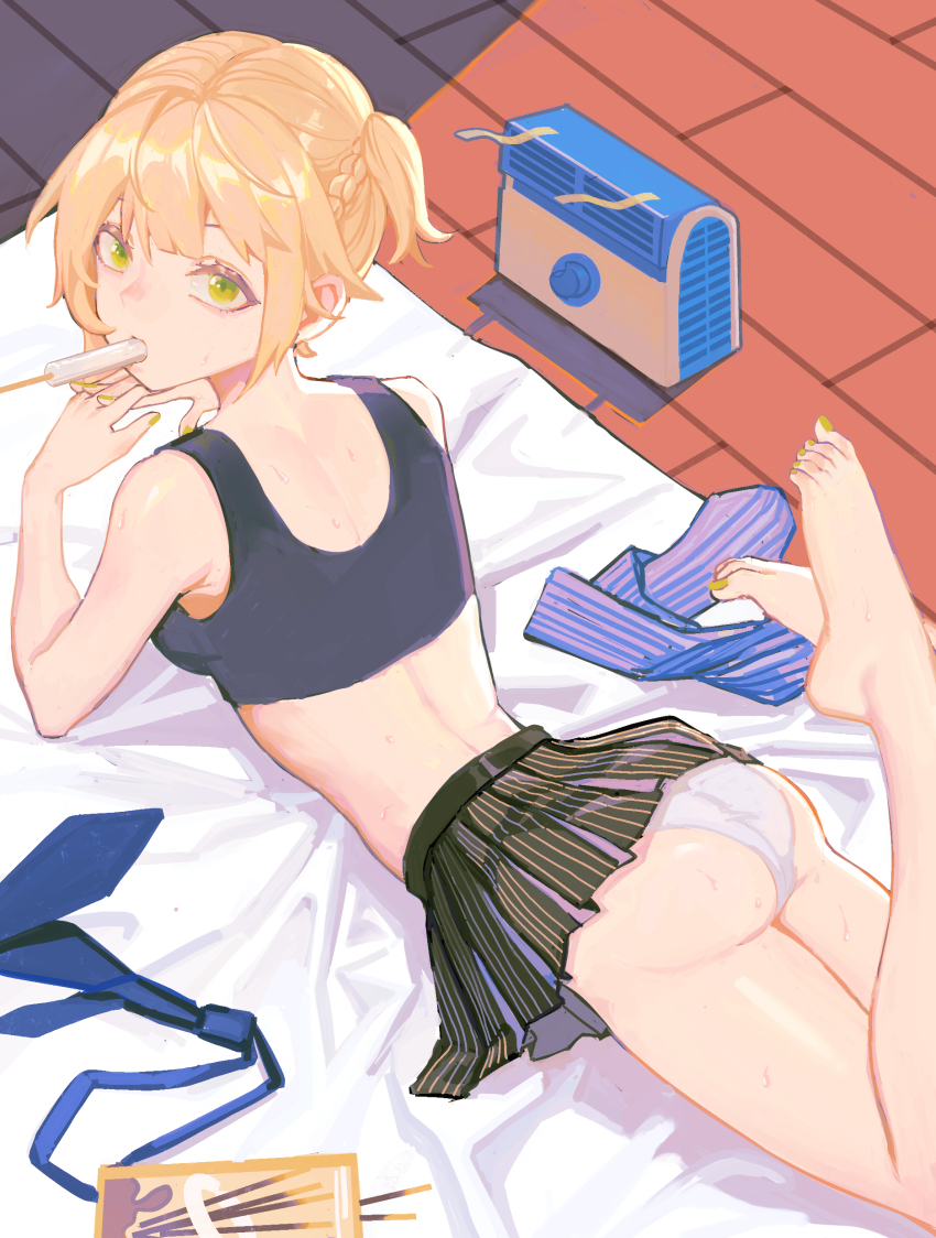 1girl, absurdres, ass, bare_legs, barefoot, black_skirt, black_tank_top, blonde_hair