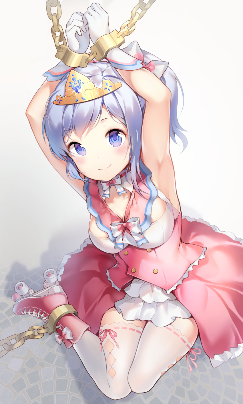 1girl, absurdres, anchor_symbol, arms_up, bdsm, blue_eyes, blue_hair, bondage, bound, bound_wrists, chain, commentary_request, cuffs, dress, gloves, highres, looking_at_viewer, okazakileo, pink_dress, ponytail, princess, restrained, roller_skates, shackles, sigsbee_(warship_girls_r), sitting, skates, smile, solo, thighhighs, tiara, tied_up_(nonsexual), tile_floor, tiles, wariza, warship_girls_r, white_gloves