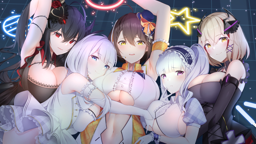 5girls, absurdres, arm_between_breasts, armband, armpits, arms_up, azur_lane, baltimore_(azur_lane), baltimore_(muse)_(azur_lane), bare_shoulders, between_breasts, black_hair, blonde_hair, blue_eyes, breast_press, breasts, brown_hair, cleavage, cleavage_cutout, clothing_cutout, collar, dido_(azur_lane), dido_(muse)_(azur_lane), dress, hair_ornament, hat, headgear, highres, huge_filesize, idol, illustrious_(azur_lane), illustrious_(muse)_(azur_lane), large_breasts, looking_at_viewer, mini_hat, multiple_girls, navel, navel_cutout, nervous_smile, nevven, open_mouth, purple_eyes, red_eyes, roon_(azur_lane), roon_(muse)_(azur_lane), smile, taihou_(azur_lane), taihou_(muse)_(azur_lane), thighs, underboob, white_hair, yellow_eyes
