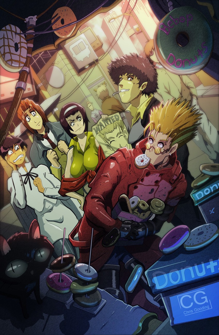 absurdres, black_cat, cat, cigarette, cowboy_bebop, crossover, donut, faye_valentine