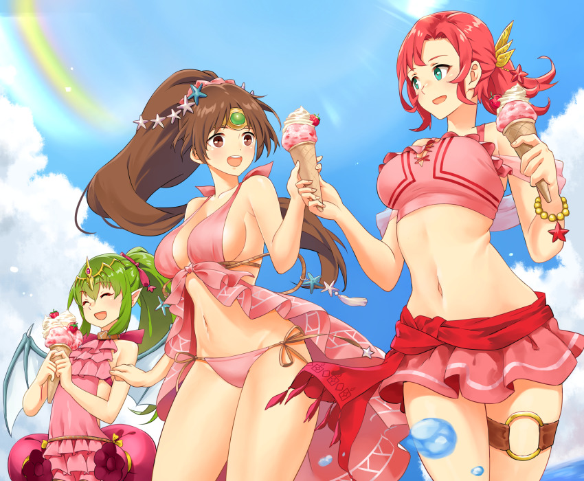 3girls, absurdres, bikini, blue_eyes, breasts, brown_eyes, brown_hair, cleavage