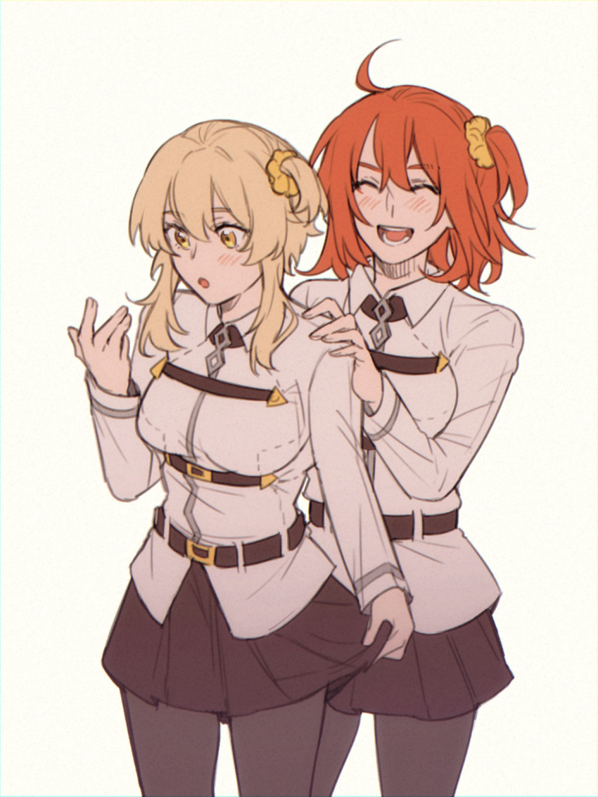 2girls, ahoge, blonde_hair, blush, breasts, cosplay, cowboy_shot, crossover