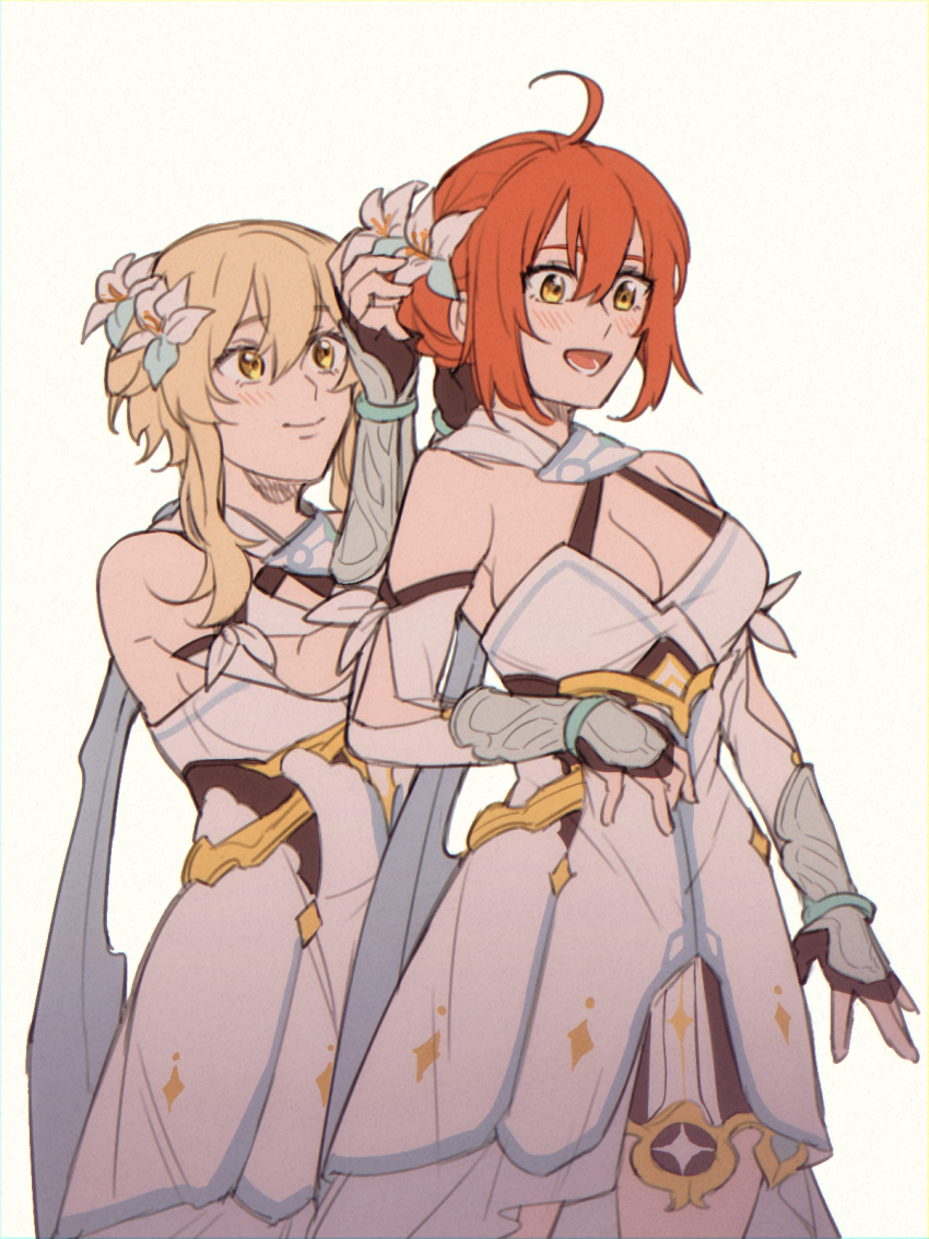 2girls, ahoge, bare_shoulders, blonde_hair, blush, breasts, cosplay, cowboy_shot