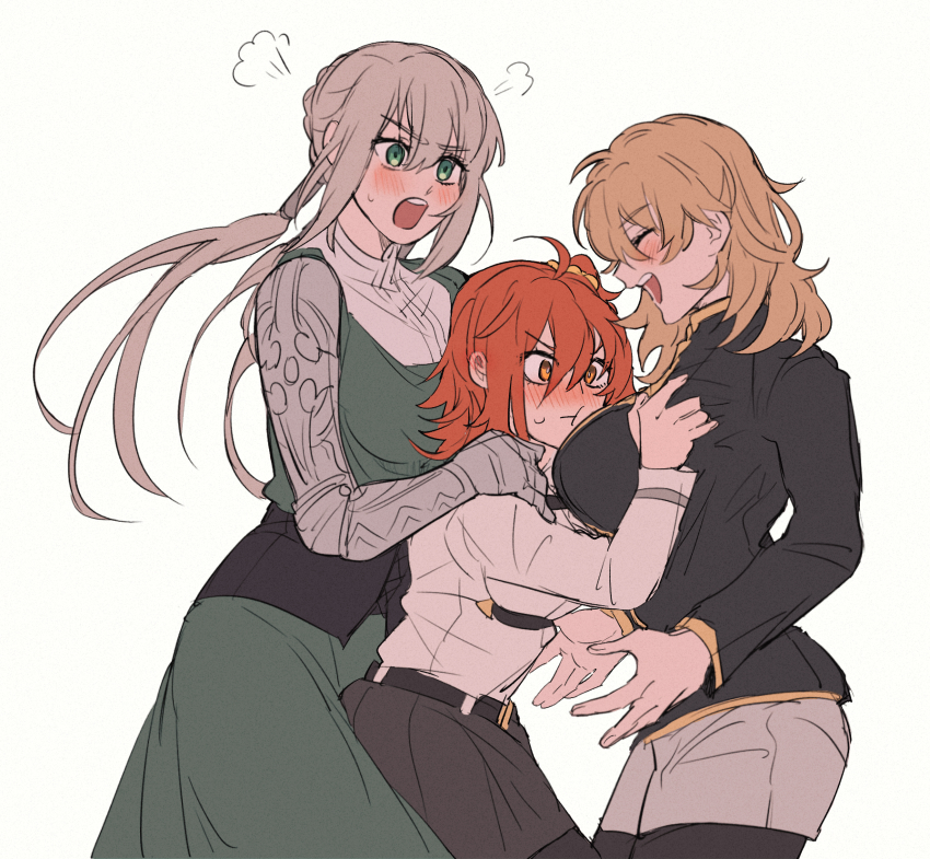 3girls, ahoge, bedivere_(fate), blonde_hair, blush, breasts, closed_eyes, dress