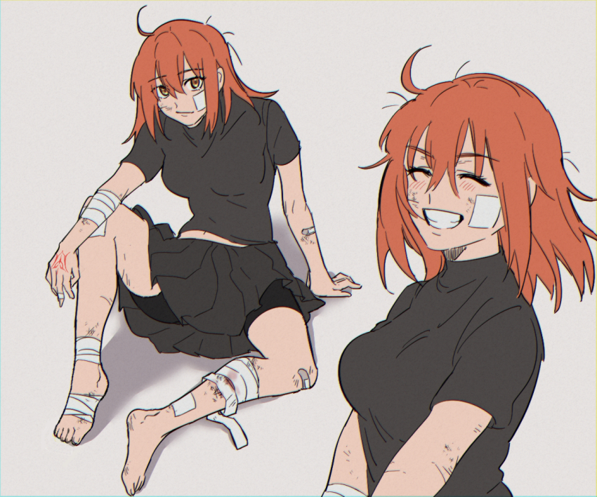 1girl, ahoge, arm_support, bandages, bandaid, bike_shorts, blush, breasts