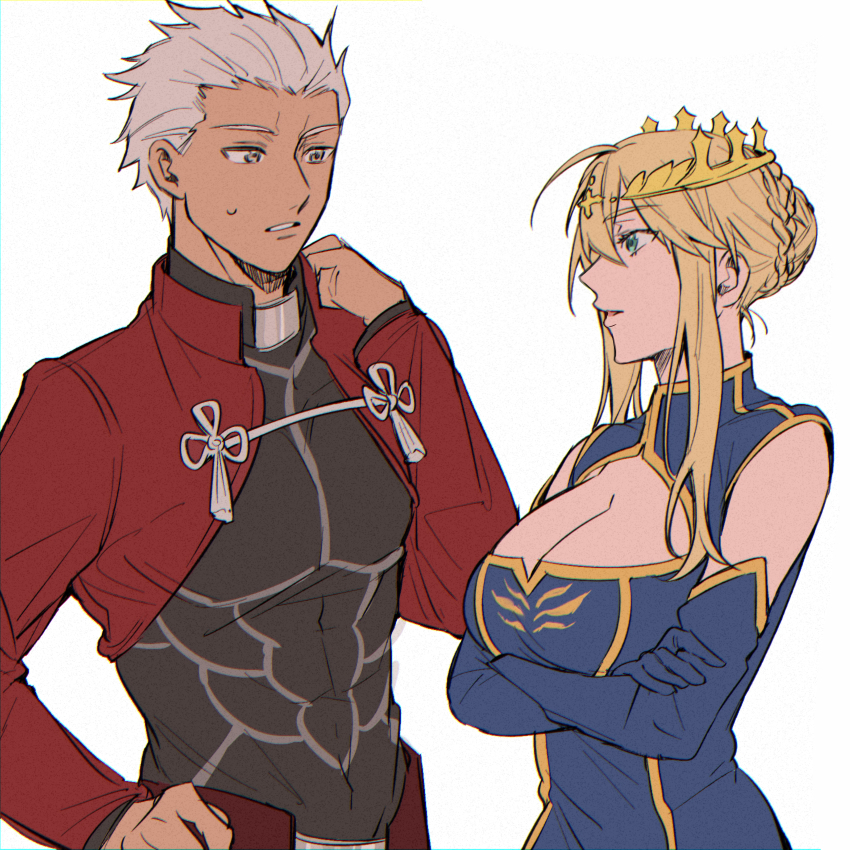 1boy, 1girl, ahoge, archer_(fate), artoria_pendragon_(fate), artoria_pendragon_(lancer)_(fate), artoria_pendragon_(lancer)_(third_ascension)_(fate), blonde_hair