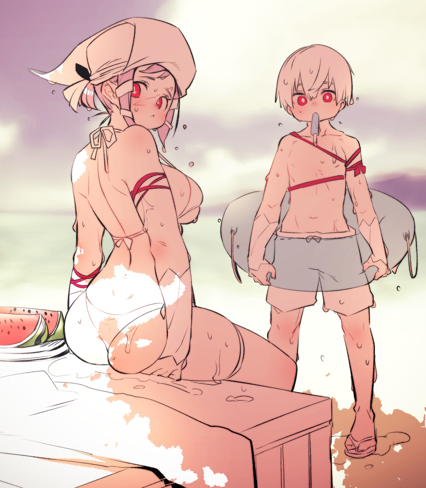 1boy, 1girl, arrow_(en'en_no_shouboutai), ass, bikini, breasts, en'en_no_shouboutai, flip-flops, food, fruit, highres, large_breasts, looking_at_viewer, popsicle, red_eyes, sandals, scar, scar_on_face, shimobaru, short_hair, shorts, shou_kusakabe, sideboob, sitting, standing, swimsuit, symbol-shaped_pupils, watermelon, wet, white_bikini, white_hair