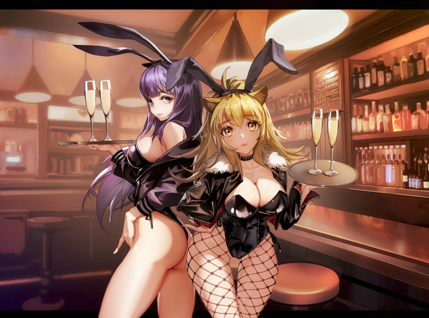 2girls, absurdres, adapted_costume, alcohol, animal_ears, arknights, ass, bar_(place)