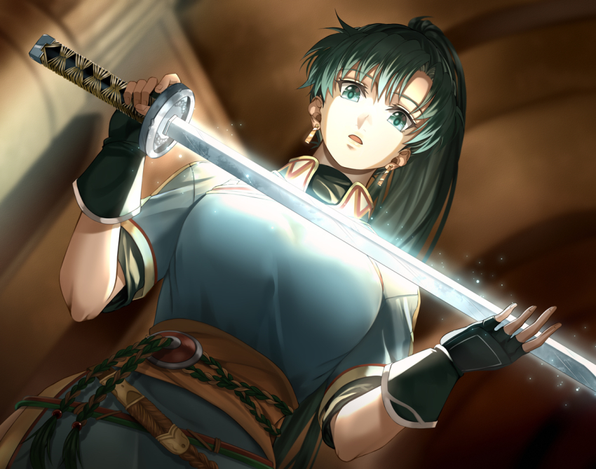 1girl, belt, breasts, delsaber, earrings, facing_viewer, fingerless_gloves, fire_emblem, fire_emblem:_the_blazing_blade, from_below, gloves, glowing, glowing_sword, glowing_weapon, green_eyes, green_hair, hands_up, holding, holding_sword, holding_weapon, jewelry, large_breasts, long_hair, looking_at_object, lyn_(fire_emblem), mani_katti_(fire_emblem), nintendo, open_mouth, ponytail, solo, sword, upper_body, weapon
