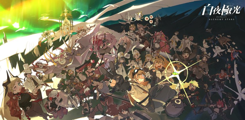 6+boys, 6+girls, absurdres, ahoge, alchemy_stars, angel_(alchemy_stars), aurora, bandage_over_one_eye