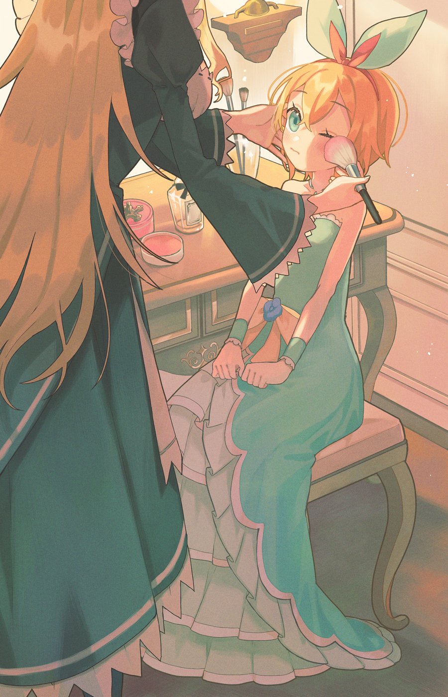 2girls, applying_makeup, blonde_hair, closed_mouth, commentary_request, dress, eyelashes, frederica_baumann