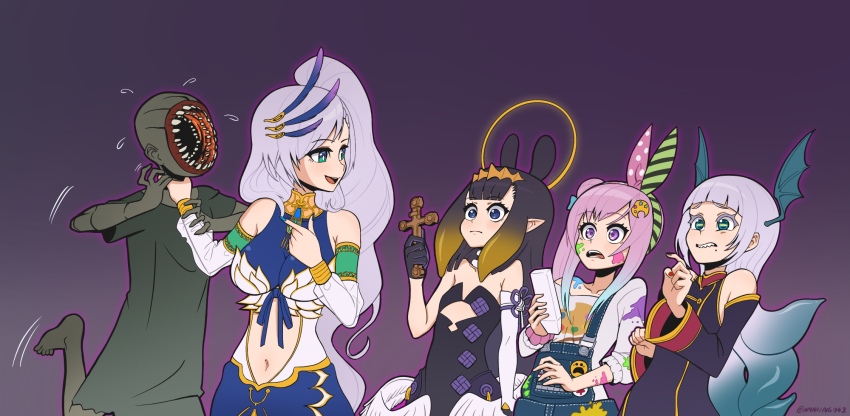 airani_iofifteen, alien, black_hair, blue_eyes, blue_hair, blunt_bangs, breasts, cross