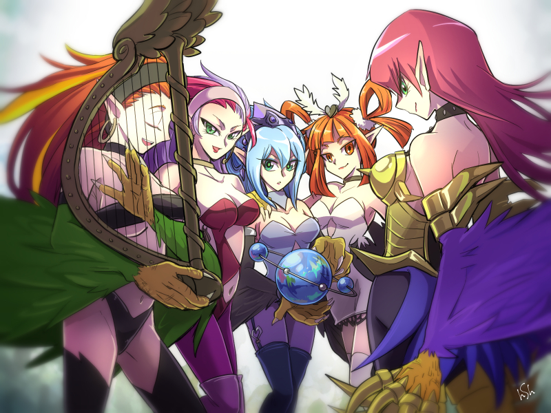 5girls, animal_hands, armor, astrolabe, blue_hair, boobplate, breastplate, breasts, celestial_globe, claws, cleavage, clothing_cutout, commentary_request, cyber_harpie_lady, cyber_slash_harpie_lady, duel_monster, earrings, green_eyes, haku_yui_(shirayui255), harp, harpie_channeler, harpie_harpist, harpie_lady, harpie_oracle, harpie_perfumer, harpy, holding, holding_instrument, hoop_earrings, instrument, jewelry, long_hair, medium_breasts, monster_girl, multicolored_hair, multiple_girls, navel, navel_cutout, orange_eyes, orange_hair, pink_hair, pointy_ears, purple_hair, simple_background, spiked_armor, spikes, two-tone_hair, white_background, winged_arms, wings, yu-gi-oh!