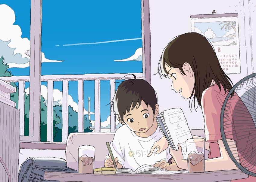 1boy, 1girl, backpack, bag, blue_sky, brown_eyes, brown_hair, calendar_(object)