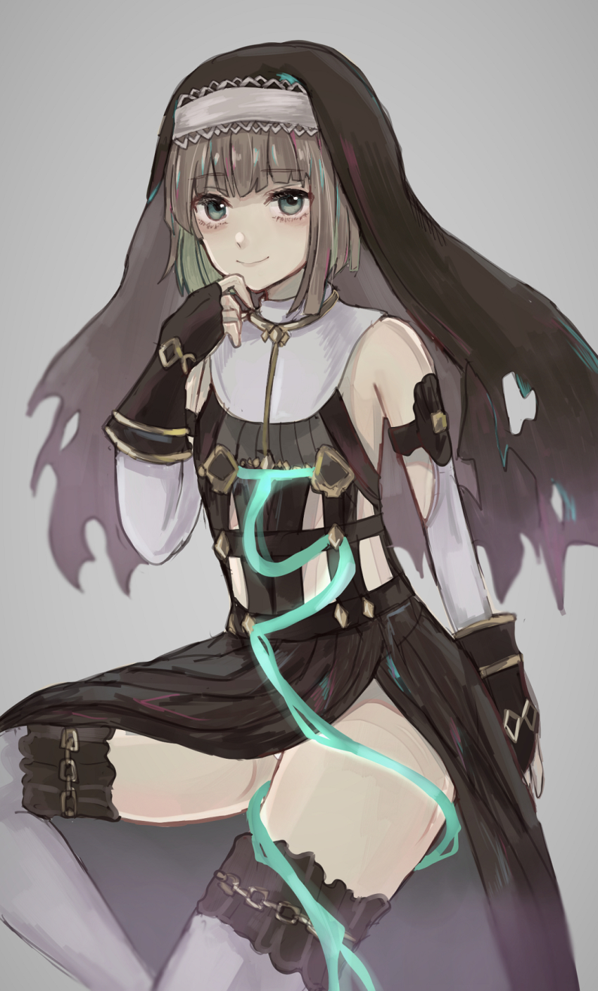 1boy, akitama2727, bare_shoulders, brown_hair, closed_mouth, crossdressing, crossdressing_(mtf), elbow_gloves, gloves, green_eyes, gretel_(sinoalice), grey_background, hair_between_eyes, hand_on_own_chin, hat, highres, looking_at_viewer, nun, panties, short_hair, simple_background, sinoalice, smile, solo, thighhighs, torn_clothes, torn_hat, trap, underwear, white_panties, white_thighhighs