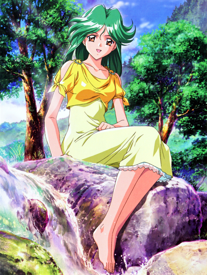 1990s_(style), 1girl, asou_kasumi, barefoot, brown_eyes, day, green_hair, highres