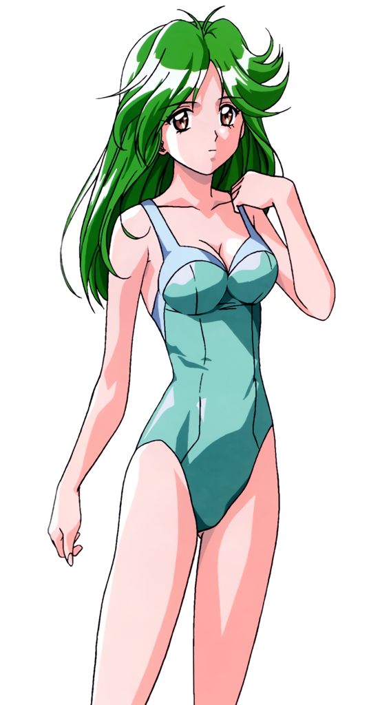 1990s_(style), 1girl, adjusting_clothes, adjusting_swimsuit, asou_kasumi, breasts, casual_one-piece_swimsuit, cleavage, cowboy_shot, expressionless, feet_out_of_frame, green_hair, kokura_masashi, long_hair, official_art, one-piece_swimsuit, photoshop_(medium), retro_artstyle, simple_background, solo, swimsuit, tokimeki_memorial, tokimeki_memorial_2, white_background
